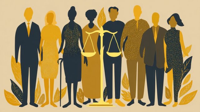 Group of diverse people standing together beside the classic scales of justice symbol.