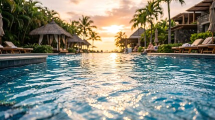 Obraz premium Clear blue water surface with blurred palm trees and sun umbrellas in the background during golden hour