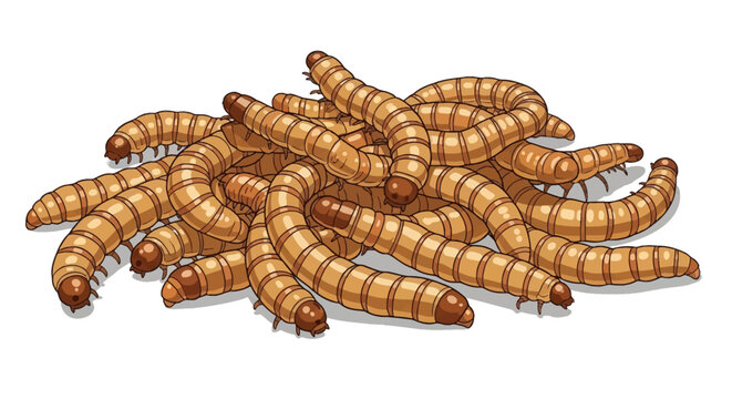 Vector illustration of a pile of mealworms, Tenebrio molitor larvae, featuring segmented tan bodies and dark brown heads, isolated on a white background for pet food or entomology.