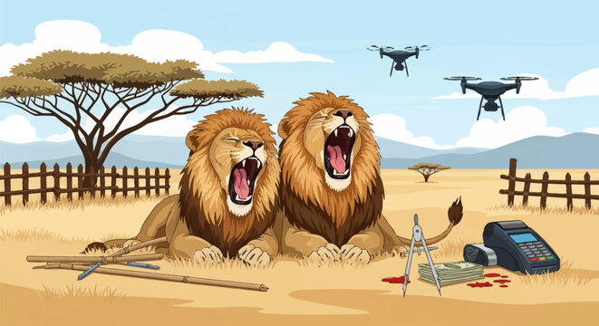 Illustration of two male lions yawning in an African savanna featuring flying drones, a POS terminal, cash, blood spatters, a drafting compass, and acacia trees with a fence.
