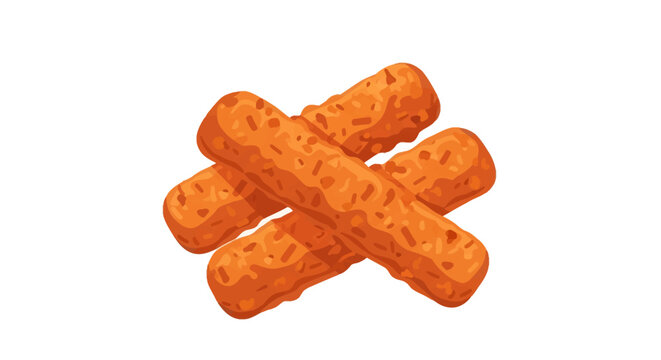 Illustration of four golden brown breaded chicken sticks or fish fingers piled together. Crispy fried snack with textured breadcrumb coating isolated on a plain white background.
