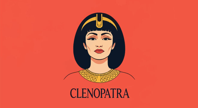 Stylized vector illustration portrait of an Ancient Egyptian queen like Cleopatra with black hair, gold uraeus headband, and ornate collar necklace on a solid orange background.