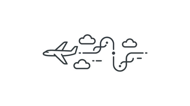 Minimalist airplane flight path icon with clouds and trajectory line.
