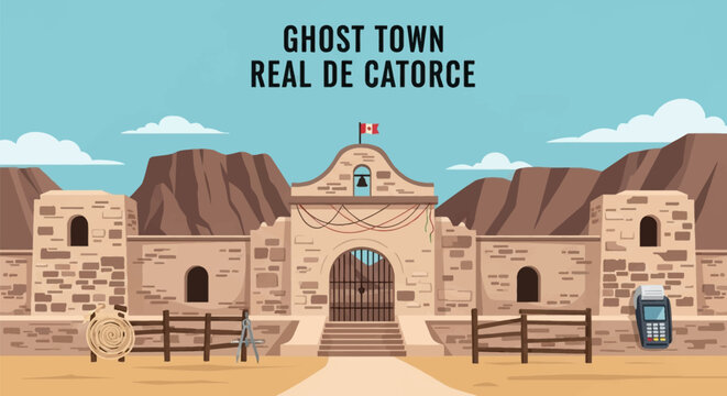 Flat vector illustration of the entrance to the historic ghost town Real de Catorce in Mexico, featuring a stone archway with a bell tower, desert mountains, and tourism icons.