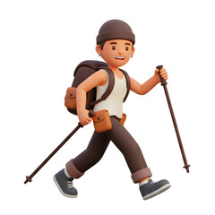 Fototapeta premium 3D Cartoon Hiker with Backpack and Walking Stick