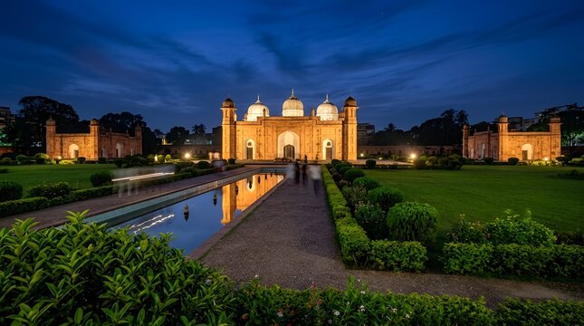 Lalbagh fort in dhaka, bangladesh at night, a 17thcentury mughal fort complex with illuminated domes and reflecting pool