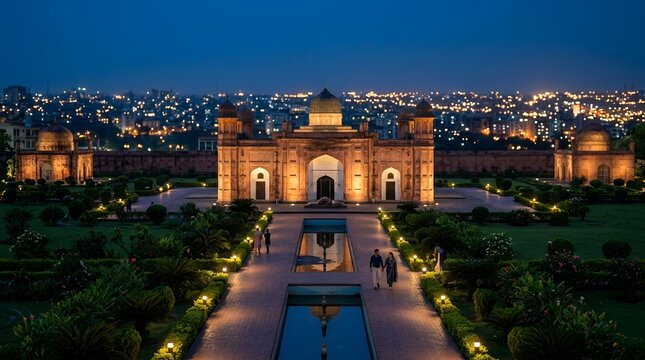 Lalbagh fort in dhaka, bangladesh, at night with illuminated architecture, gardens, and a reflection pool