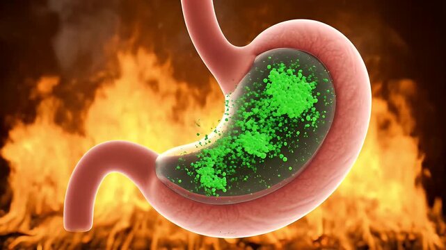Stomach acid reflux with burning sensation and green particles inside human organ 3d animation