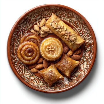 dessert plate with chebakia briouats and almond isolated on a white background