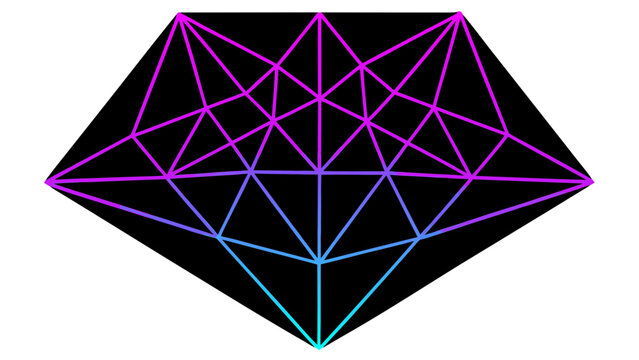 Hexagonal geometric illustration showcases intricate purple and blue triangular grid structures.
