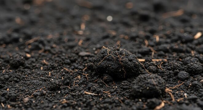 Macro detail of rich dark soil carbon with visible organic matter and root structure