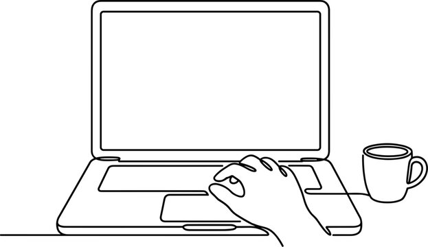 Continuous line drawing of a person using a laptop with a coffee mug.
