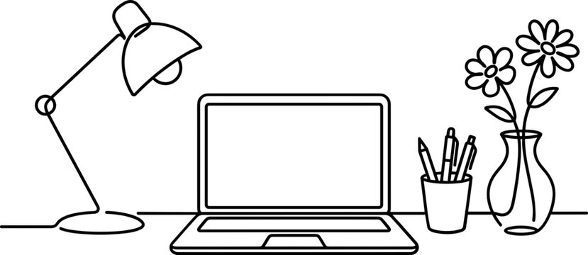 Continuous line drawing of a home office workspace with laptop.