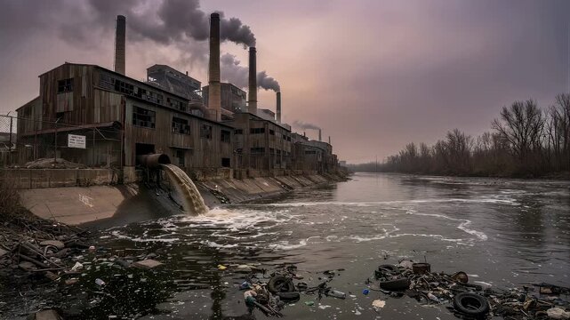 Factory pipe discharging wastewater into river. Environmental pollution of water body. Industrial waste dump and smoke emission from plant chimneys into the air.