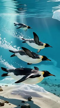 Penguins swimming in icy blue water