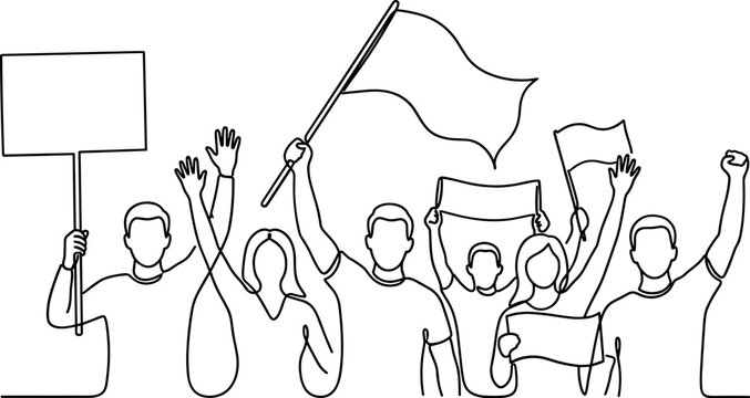 Continuous line drawing of a diverse group of people protesting with banners and flags.