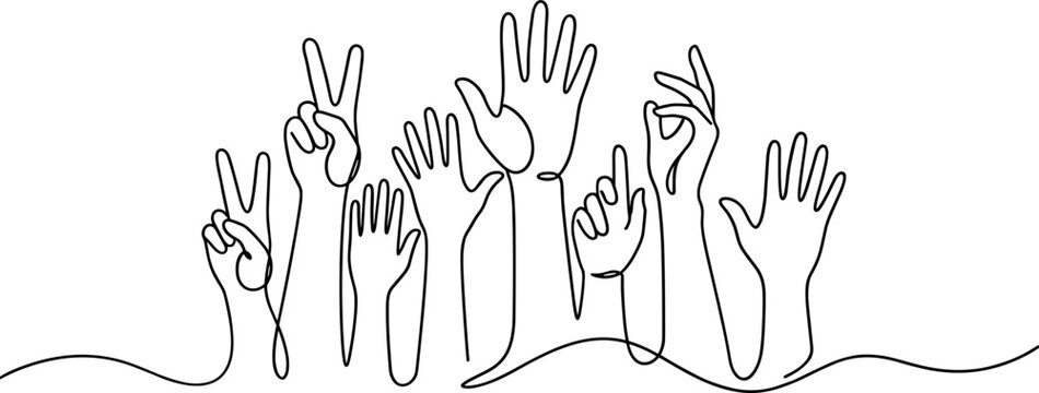 Continuous line art drawing of diverse raised hands together.