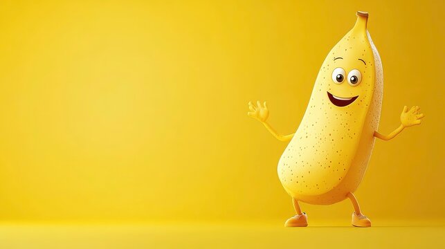 Extreme close-up of a cartoon character of a smiling banana fruit with feet and hands, looking at camera, isolated on a yellow background with copy space, blank wide banner.