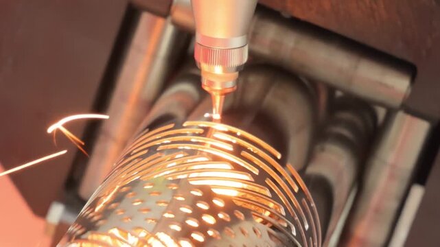 Industrial laser cutting process of metal tube creating intricate patterns in manufacturing facility.