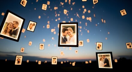 Fototapeta premium Glowing Photo Frames Floating into Night Sky Celebrating a Couple’s Love Journey