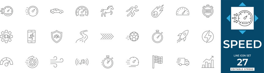 Speed line icon set featuring fast, performance, acceleration, quick, velocity, rapid, and booster. Professional editable vector illustration for dashboard and UI UX design.  © MdAzizar