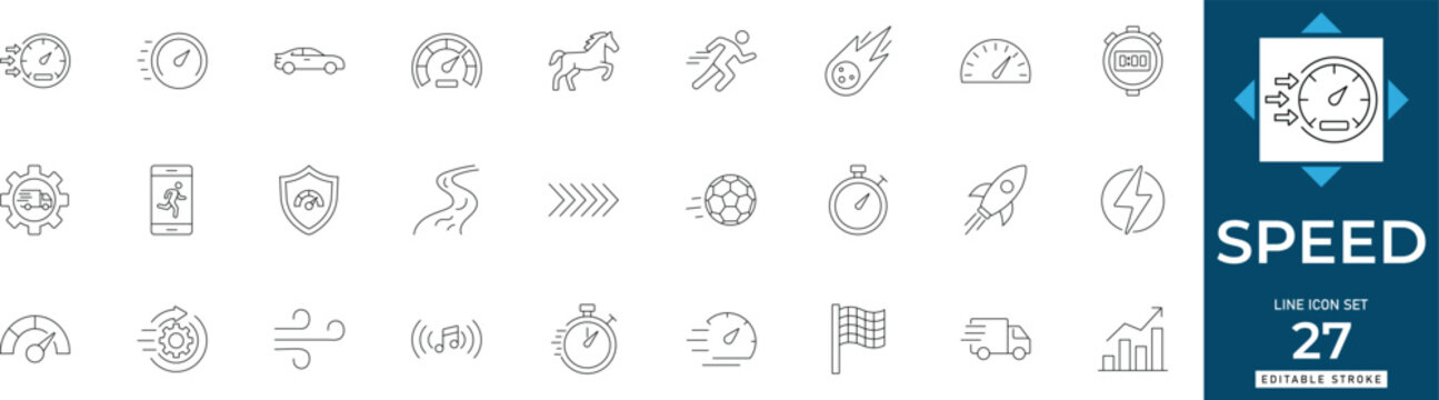 Speed line icon set featuring fast, performance, acceleration, quick, velocity, rapid, and booster. Professional editable vector illustration for dashboard and UI UX design.
