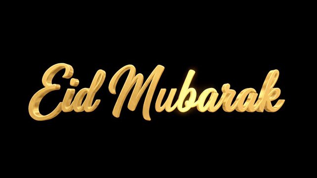 Eid Mubarak golden 3d text animation isolated on black background for islamic holiday celebration