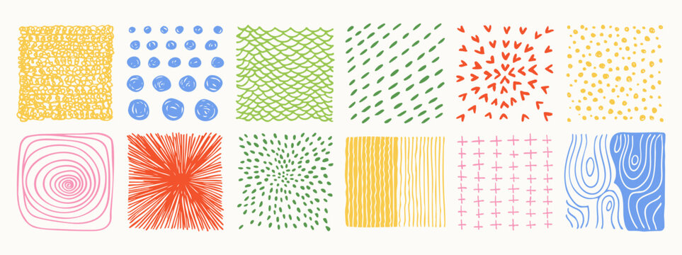 Hand drawn square abstract backgrounds patterns set. Doodle spots, drops brush strokes crayon curves lines scribble circle shapes. Trendy patterns for posters, social media icons colorful templates