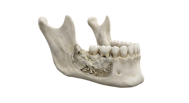 Detailed 3D Render of Mandibular Osteoradionecrosis, Suitable for Science Education, Isolated on a White Background