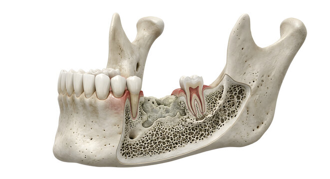 Highly Detailed 3D Render of Bisphosphonate Osteonecrosis of the Jaw (MRONJ), suitable for science education, isolated on white background.