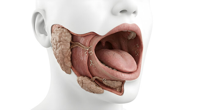 Detailed 3D Medical Illustration of Xerostomia and Salivary Glands Anatomy, Suitable for Science Education, Isolated on White Background