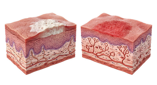 3D Medical Illustration Comparing Leukoplakia and Erythroplakia Tissue Cross-Sections, Suitable for Science Education, Isolated on White Background