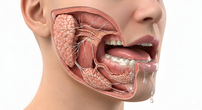 Detailed 3D Anatomical Render of Human Hypersalivation and Salivary Glands, suitable for science education, isolated on a white background