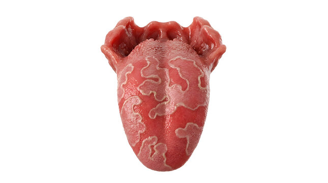 Hyper-Realistic 3D Medical Render of Geographic Tongue (Benign Migratory Glossitis), Isolated on a White Background, Suitable for Science Education