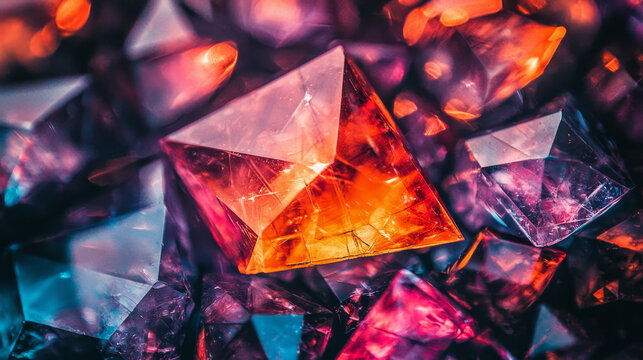 Vivid geometric crystal colorful prism abstract gemstone sharp facets glowing light vibrant reflection macro photography fantasy surreal energy layered pattern