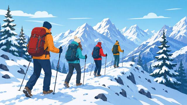 Outdoor Lifestyle Flat Illustration of Friends Hiking On A Snowy Mountain Trail