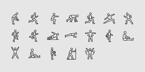 Naklejka premium Icon set collection of athletic warm-up exercises, stretching routines, and fitness training poses for sports and wellness graphic designs.
