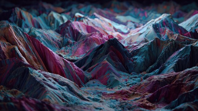 Abstract terrain sculpted with vibrant, contrasting bands of color suggests an alien landscape.