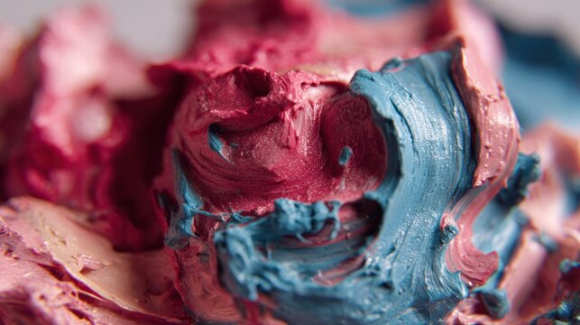 Thick, textured swirls of crimson and cyan paste create an abstract, rich surface pattern