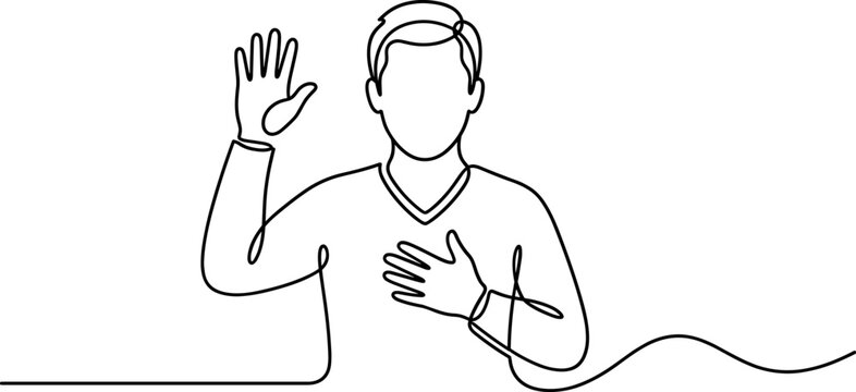 Continuous line drawing of a man making a promise gesture.