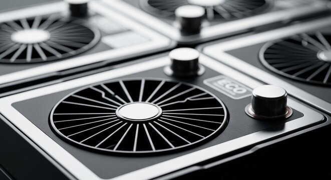 Close-up macro view of modern technological electronic components with detailed fan blades and control knobs