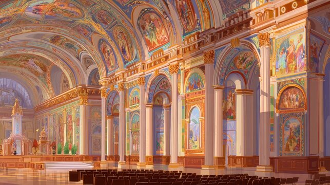 Ornate, grand interior hall features numerous detailed frescoes and towering columns bathed in warm light