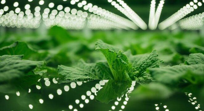Close-up view of vibrant green cabbage leaves with glowing lights in a modern agriculture setting