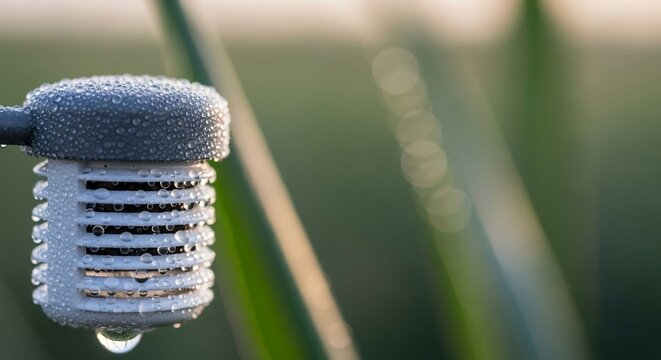 Dew-covered weather sensor collecting atmospheric data in a lush green field at sunrise