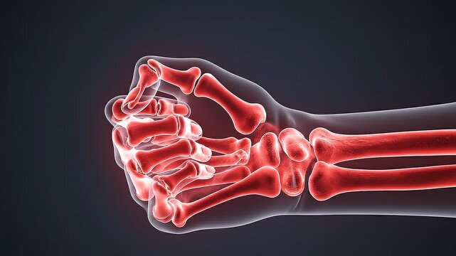 Medical X-ray scanning of human hand skeleton anatomy, glowing red radiograph of fingers and wrist joints bone structure, scientific orthopedics and painful arthritis healthcare visualization against