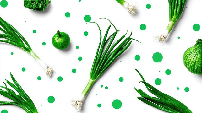 Fresh green scallions and onion bulbs are scattered across a bright white background dotted with green circles