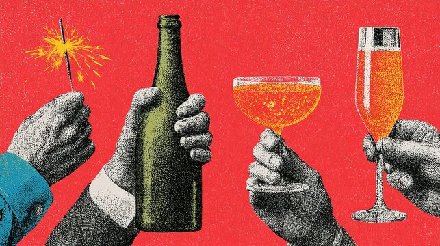 Festive graphic illustration with four grayscale halftone hands gripping unique celebration accessories on solid red backdrop, sparkler, champagne bottle and bubbly orange beverages
