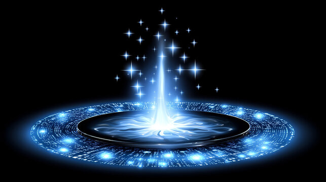 Futuristic digital waterfall glowing blue technology data lake sparkles abstract fantasy energy light circular reflection sci fi mystical virtual illuminated modern computer stream magic cyber