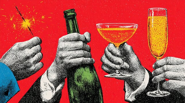 Festive graphic illustration with four grayscale halftone hands gripping unique celebration accessories on solid red backdrop, sparkler, champagne bottle and bubbly orange beverages
