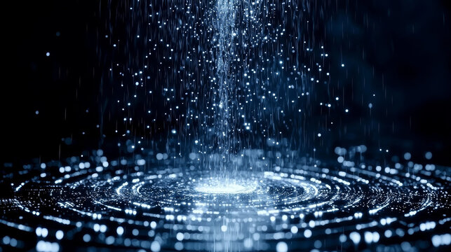 Waterfall cascade lake reflection data digital abstract blue glowing futuristic technology ripple night light stream motion energy fantasy science background